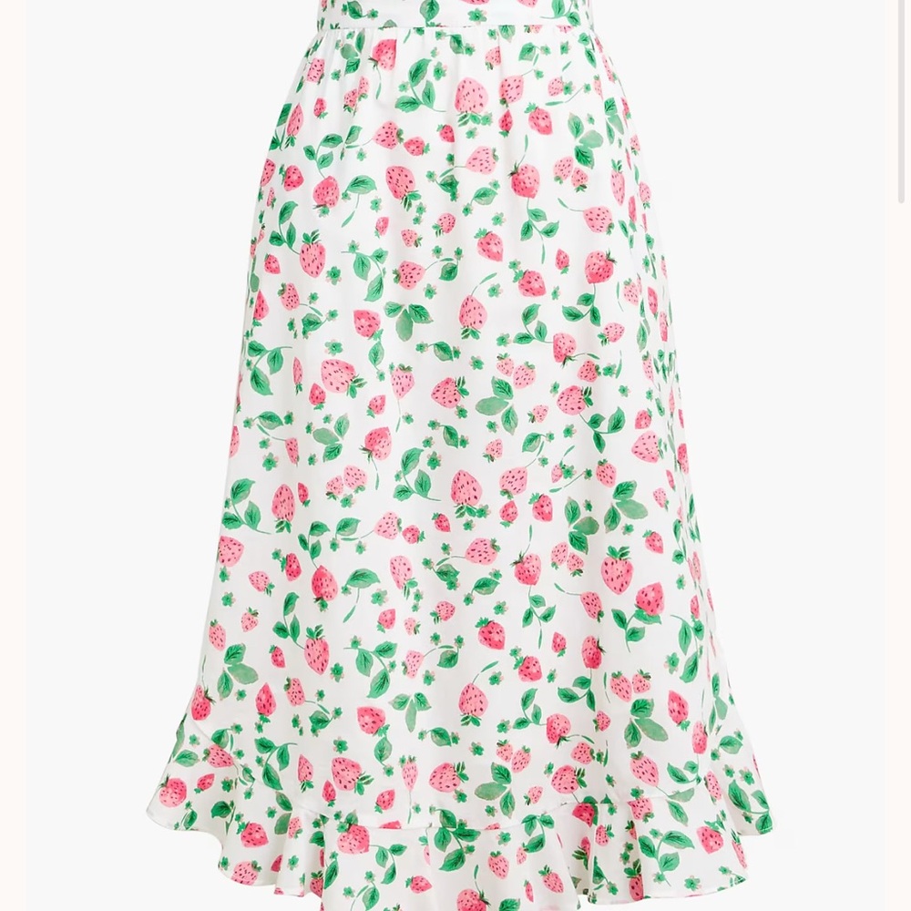 J. Crew Factory White A-Line Skirt with Pink Strawberry Print and Green Leaves